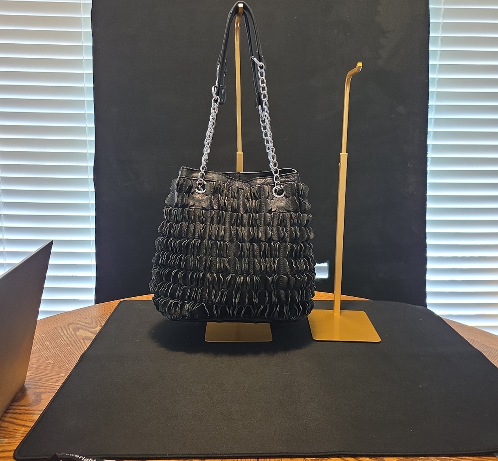 Black Ruffled Shoulder Bag with Chain Straps by